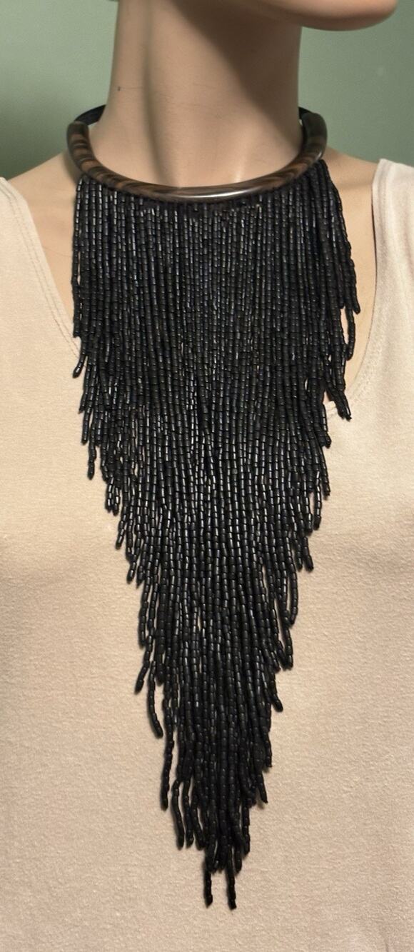 Gerda Lynggaard Monies Wood/Leather/Ebony Bead Fringe Choker Necklace UNSIGNED